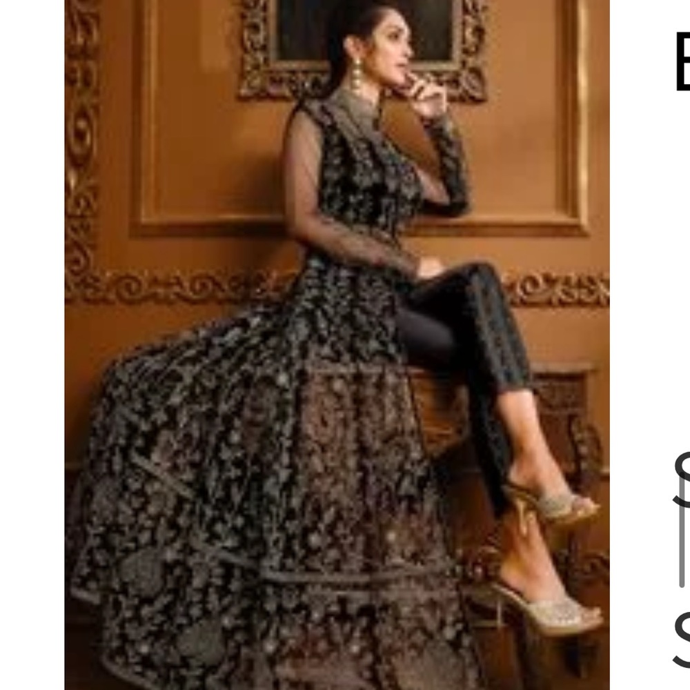 Embroidered Net Abaya Style Suit in Black